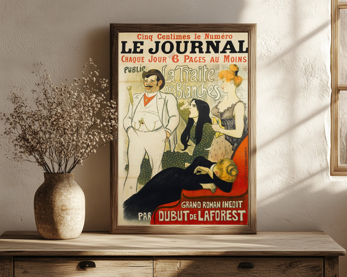 Framed art print of Le Journal: La Traite des Blanches by Théophile Steinlen, in a dark wood frame leaning on a rustic console beside dried flowers