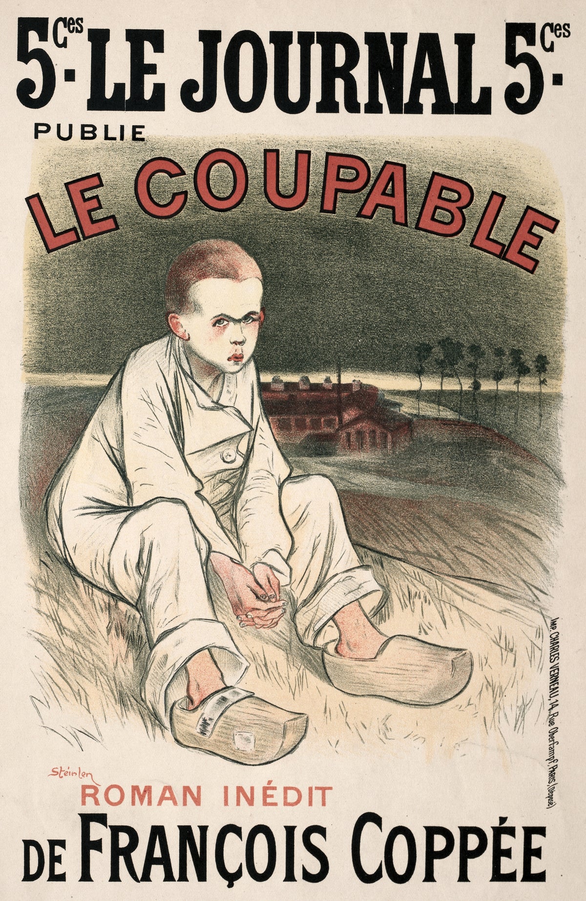 Le Journal: Le Coupable by Théophile Steinlen — A cropped-haired boy in clogs sits on a hillside by a factory