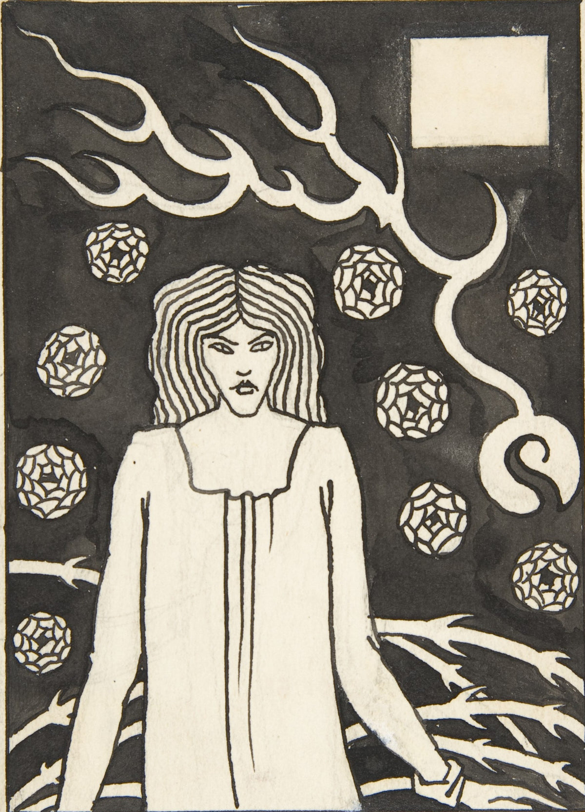 Aubrey Beardsley — Le Morte Darthur: Young Woman Surrounded by Briars, Lightning and Roses | Art Nouveau Illustration Print