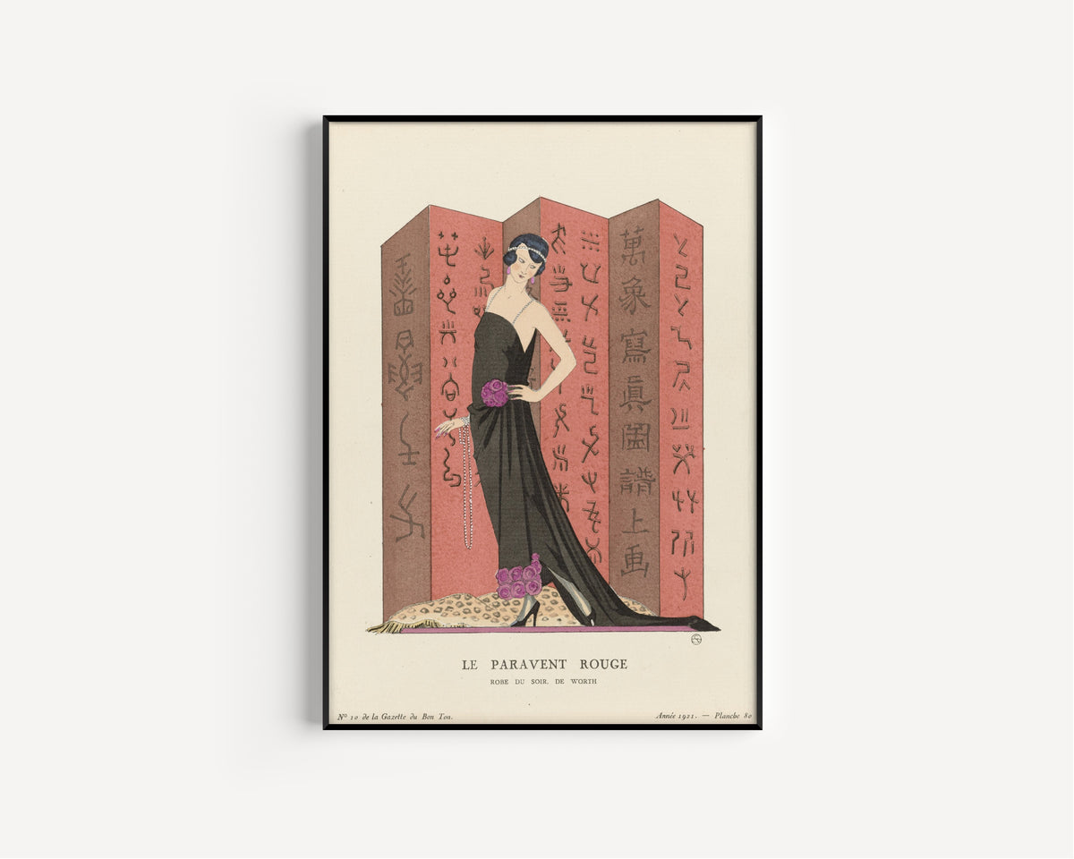 George Barbier — Le Paravent rouge, robe du soir de Worth | Art Deco Fashion Print