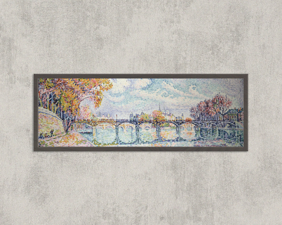 Framed art print of Le Pont des Arts (1928) by Paul Signac, in a wide frame on a concrete wall