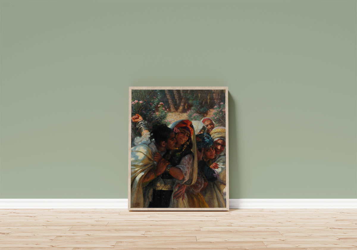 Framed art print of Le Printemps des coeurs by Étienne Dinet, in a light wood frame leaning on a sage green wall above a wooden floor