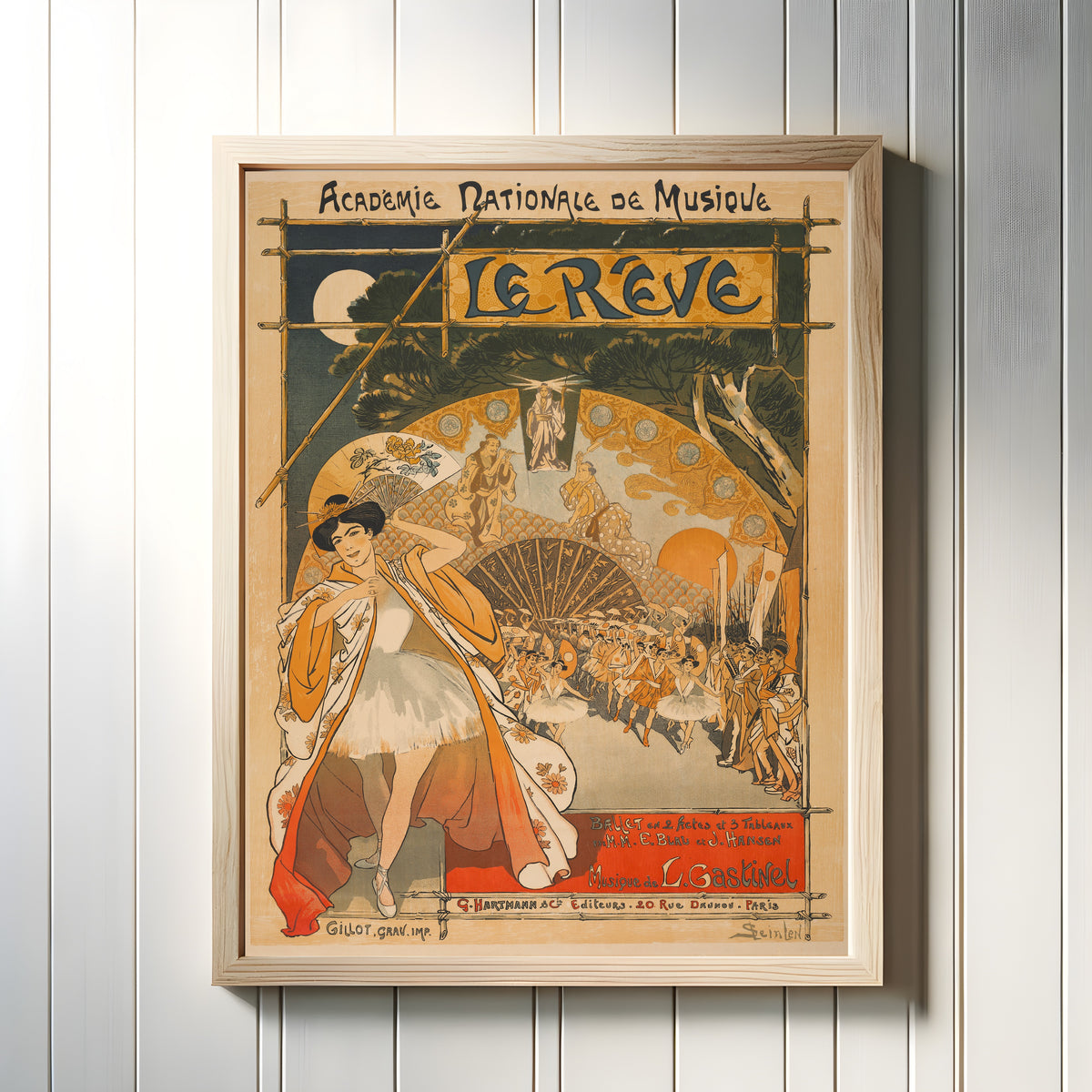 Framed art print of Le Rêve (Académie Nationale de Musique) by Théophile Steinlen, in a light wood frame on a white panelled wall
