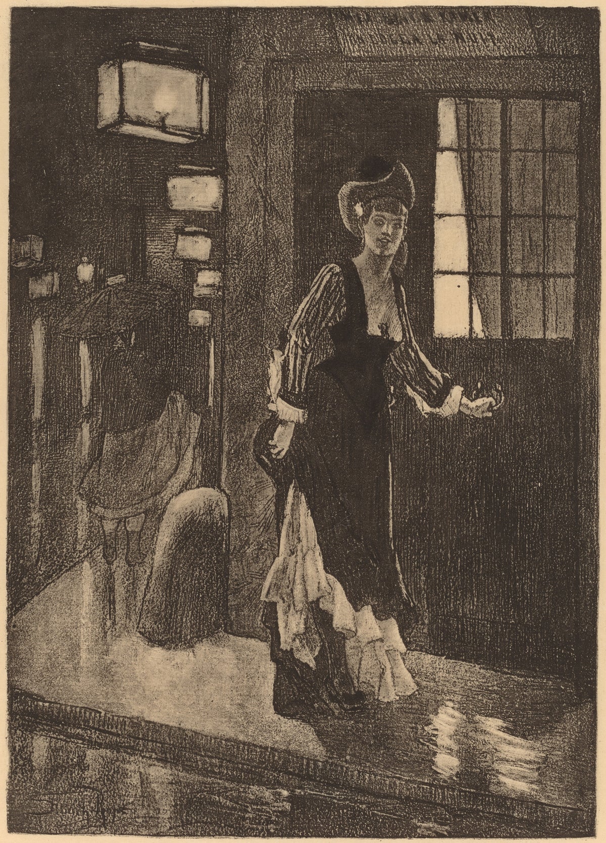 Le Rydeack by Félicien Rops — A woman in a tall hat steps from a doorway beside glowing lanterns