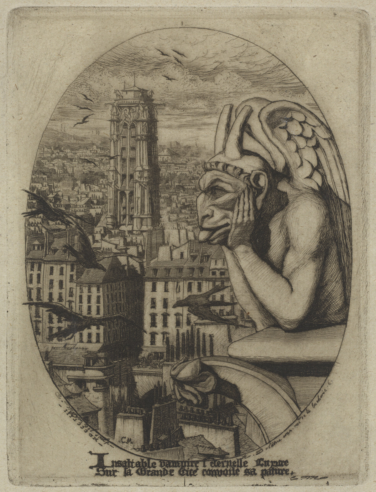 Le Stryge (The Vampire) by Charles Meryon — A horned stone chimera broods over the rooftops of Paris