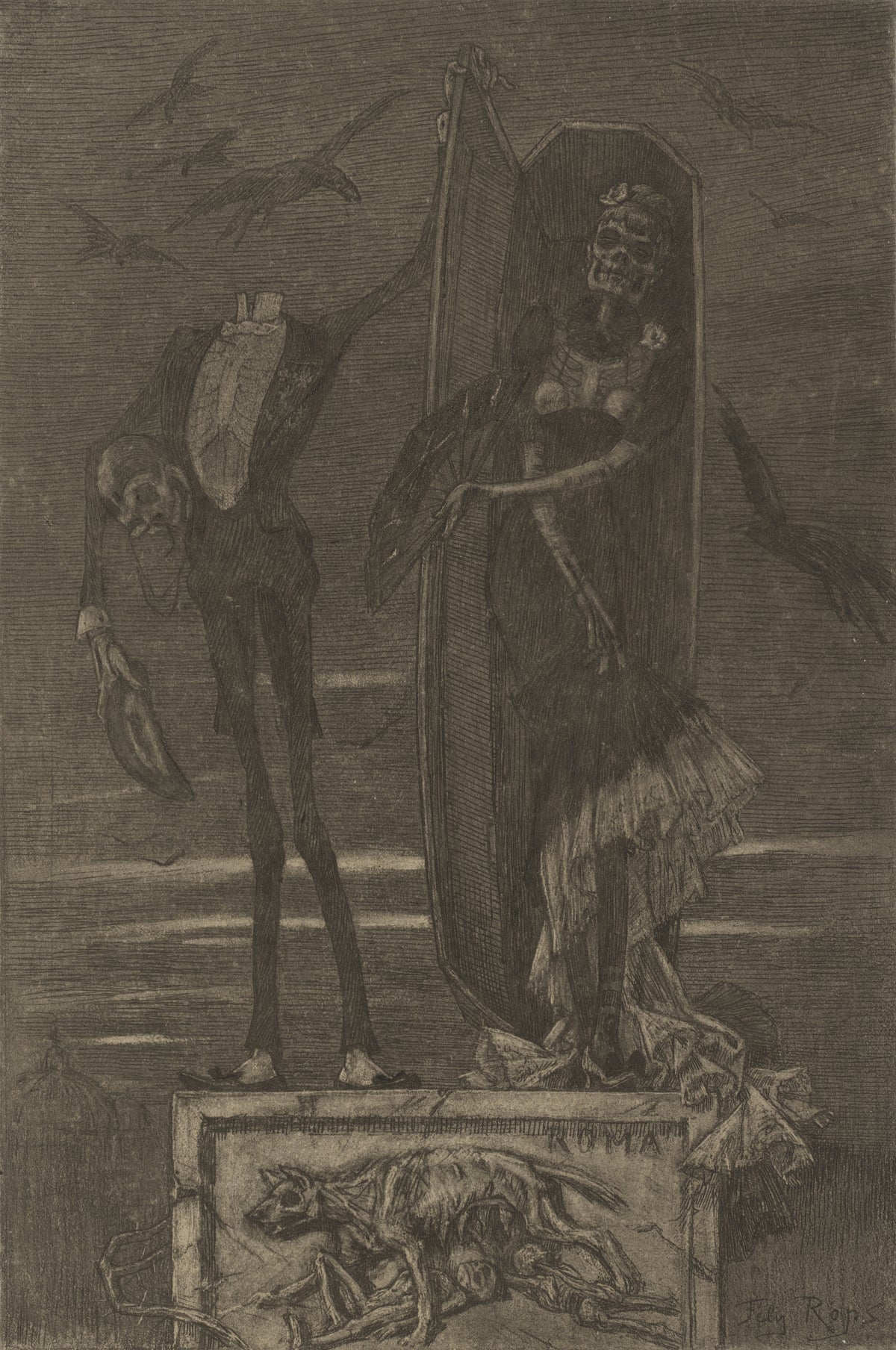 Le Vice suprême: Frontispiece by Félicien Rops — Two dressed skeletons pose on a plinth carved with a skeletal wolf