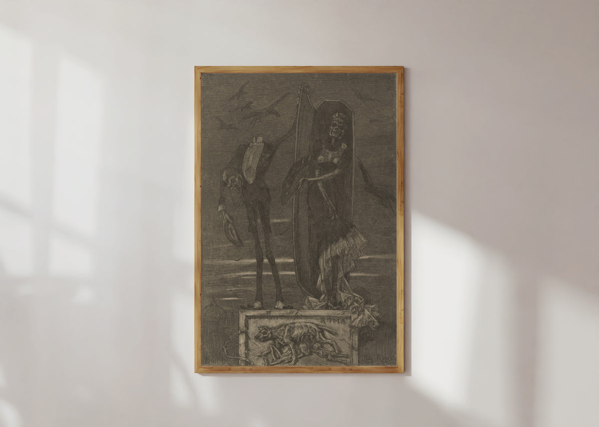 Framed art print of Le Vice suprême: Frontispiece by Félicien Rops, in a light wood frame on a sunlit white wall