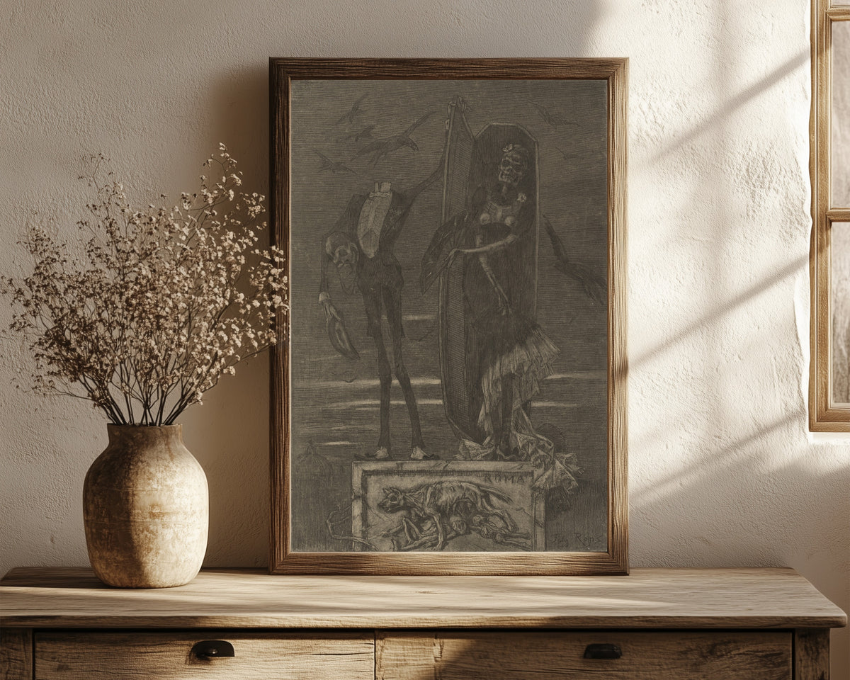 Framed art print of Le Vice suprême: Frontispiece by Félicien Rops, in a dark wood frame leaning on a rustic console beside dried flowers