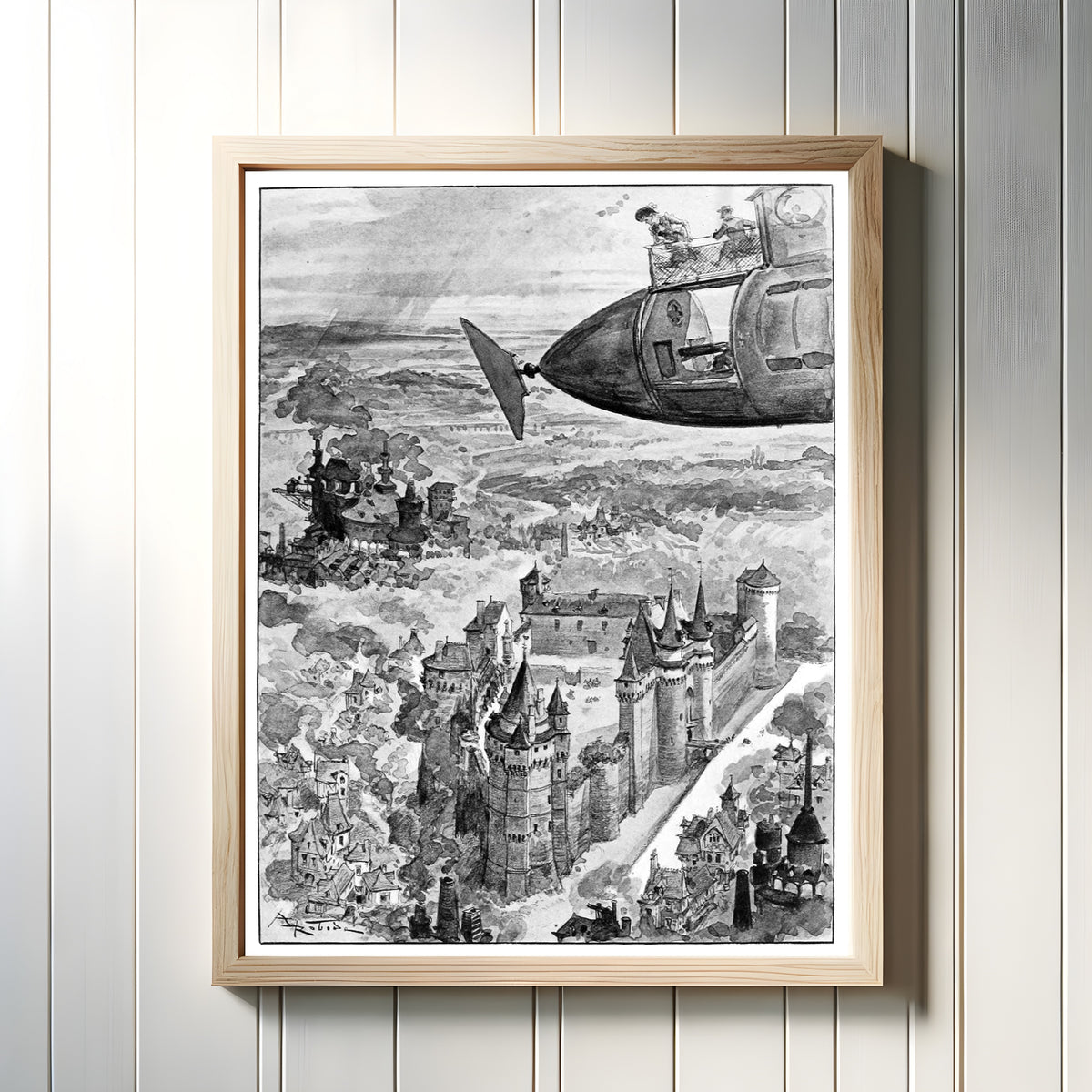 Framed art print of Le Voyage de Fiançailles by Albert Robida, in a light wood frame on a white panelled wall