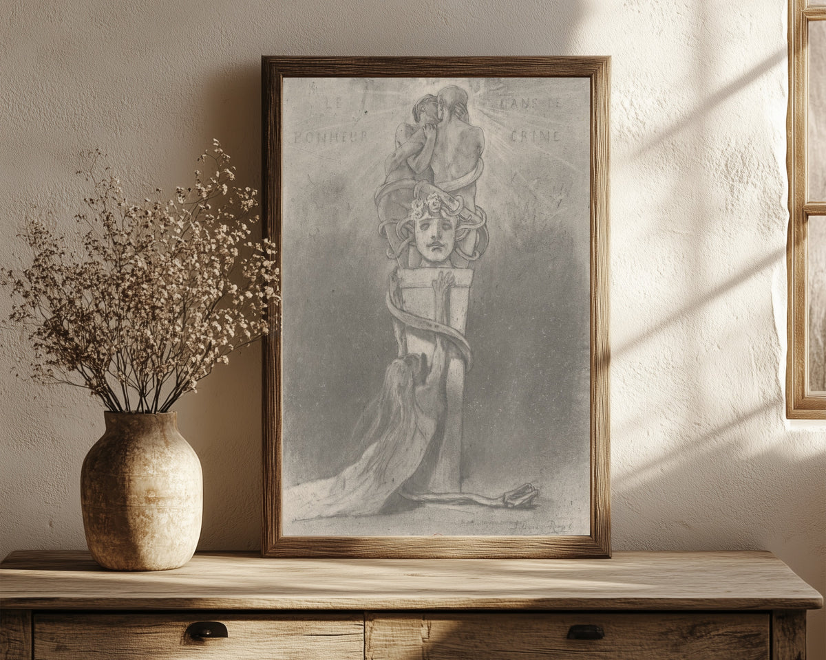 Framed art print of Le bonheur dans le crime (2nd state) by Félicien Rops, in a dark wood frame leaning on a rustic console beside dried flowers