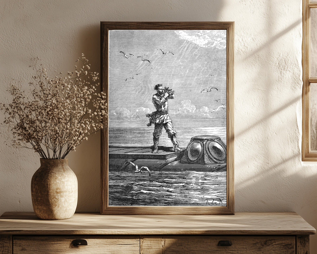 Framed art print of Le capitaine Nemo prit la hauteur du soleil… by Alphonse de Neuville, in a dark wood frame leaning on a rustic console beside dried flowers
