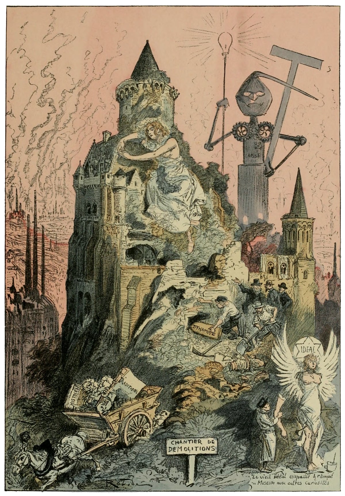 Le déblaiement de l'ancien monde by Albert Robida — Workmen clear away a crumbling castle while a machine man presides