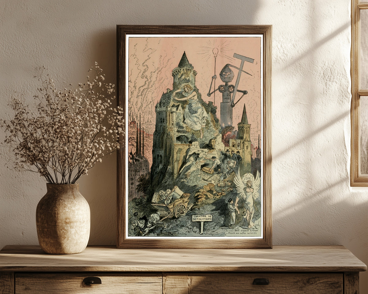 Framed art print of Le déblaiement de l'ancien monde by Albert Robida, in a dark wood frame leaning on a rustic console beside dried flowers
