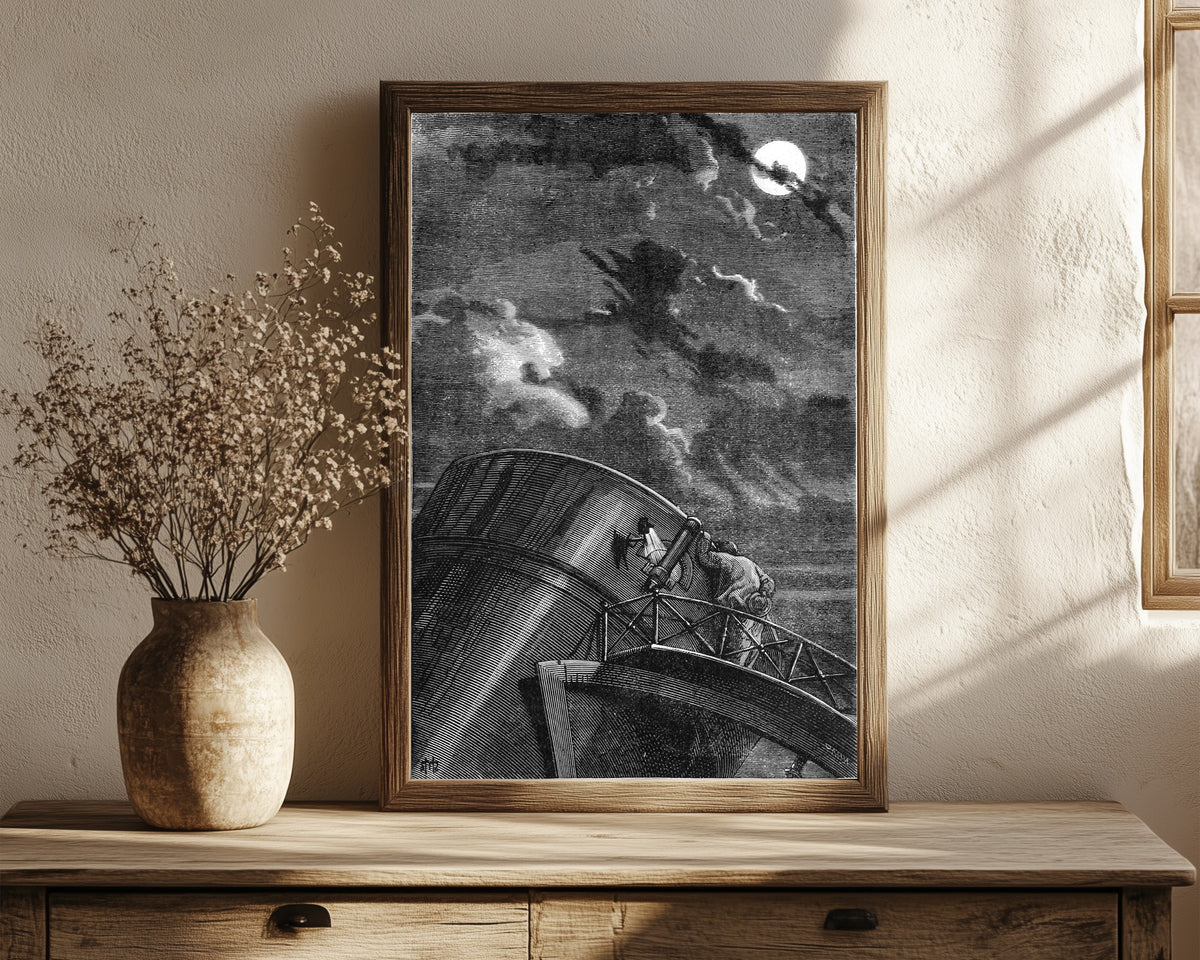Framed art print of Le directeur était à son poste (The director… by Henri de Montaut, in a dark wood frame leaning on a rustic console beside dried flowers