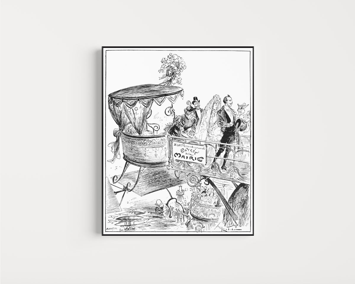 Framed art print of Arrivée à la mairie by Albert Robida, in a slim black frame on a plain white wall