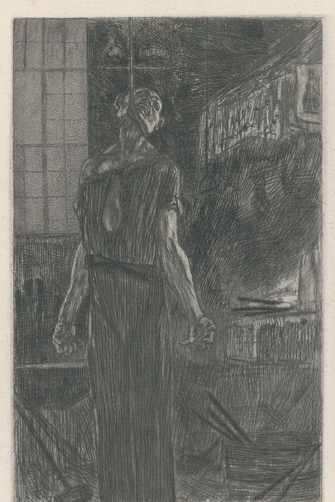 Le pendu dans la forge (2nd state) by Félicien Rops — A hanged man in a long apron dangles in a smoky forge