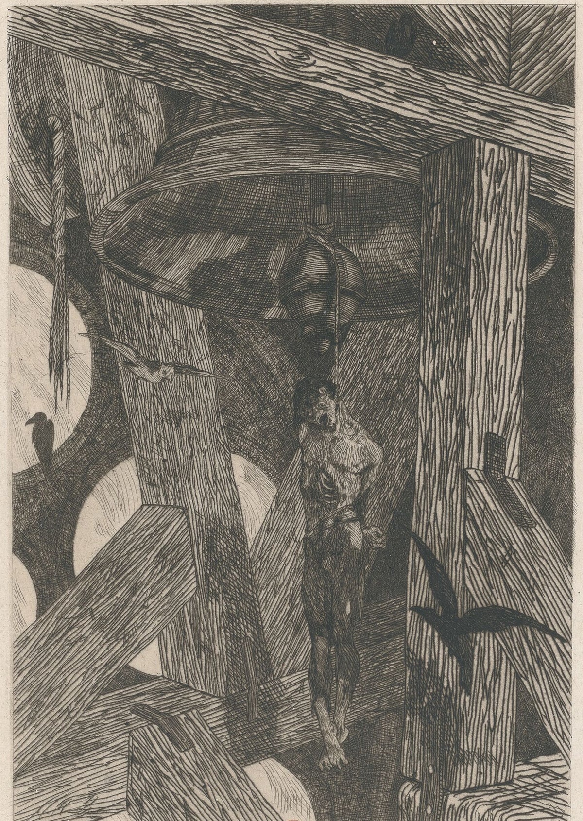 Le pendu à la cloche by Félicien Rops — A hanged man dangles from the clapper of a great bell in its tower