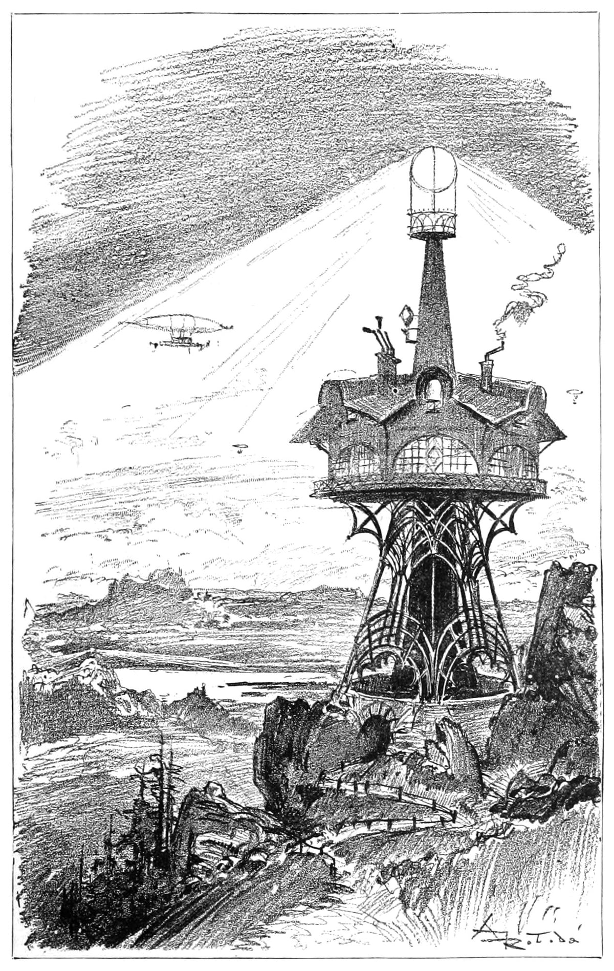 Le phare de Lauterbrunnen by Albert Robida — A lighthouse on iron legs throws beams over a mountain valley