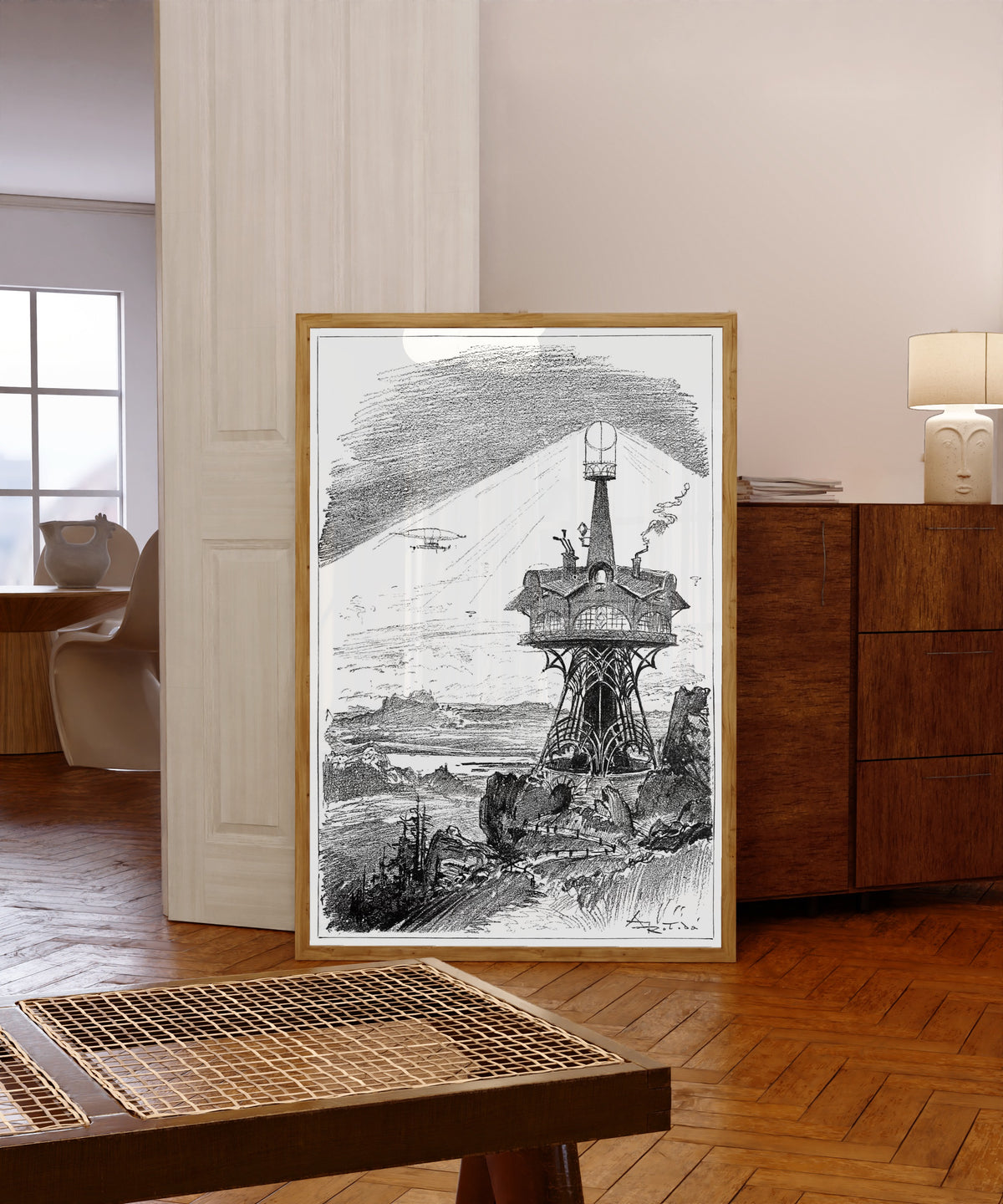 Framed art print of Le phare de Lauterbrunnen by Albert Robida, in a light wood frame leaning in a warm room with a parquet floor