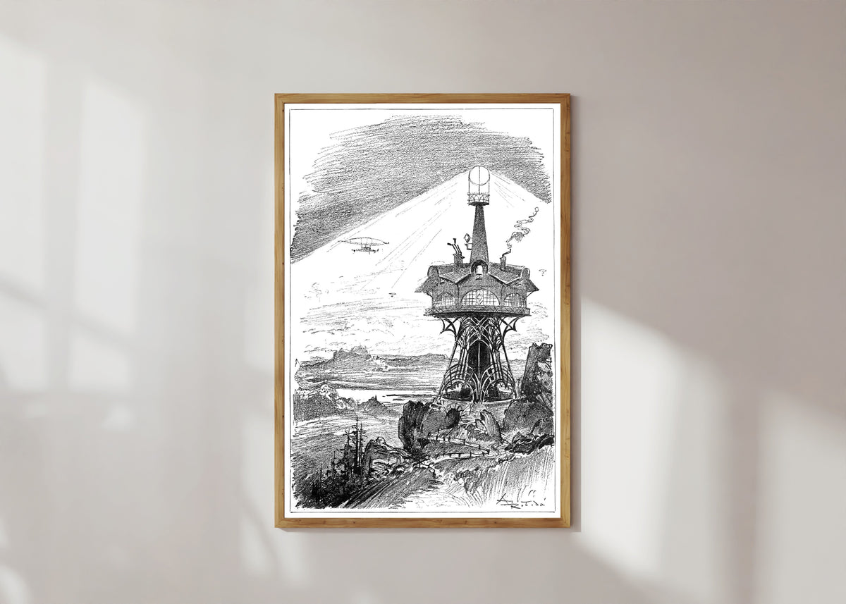 Framed art print of Le phare de Lauterbrunnen by Albert Robida, in a light wood frame on a sunlit white wall