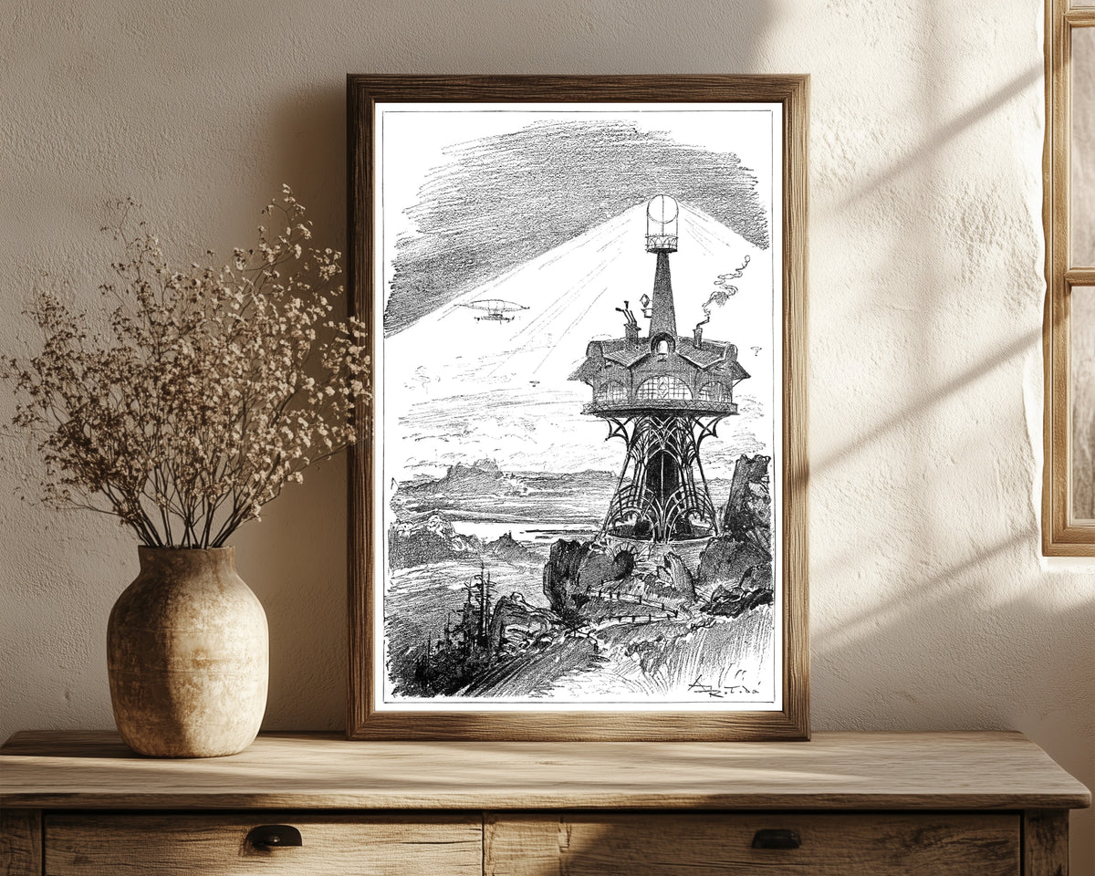 Framed art print of Le phare de Lauterbrunnen by Albert Robida, in a dark wood frame leaning on a rustic console beside dried flowers