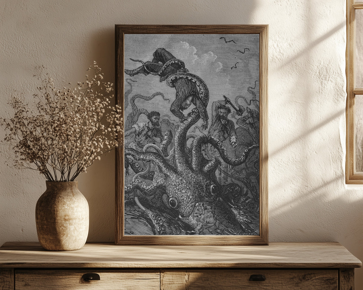Framed art print of Le poulpe brandissait la victime comme une… by Alphonse de Neuville, in a dark wood frame leaning on a rustic console beside dried flowers