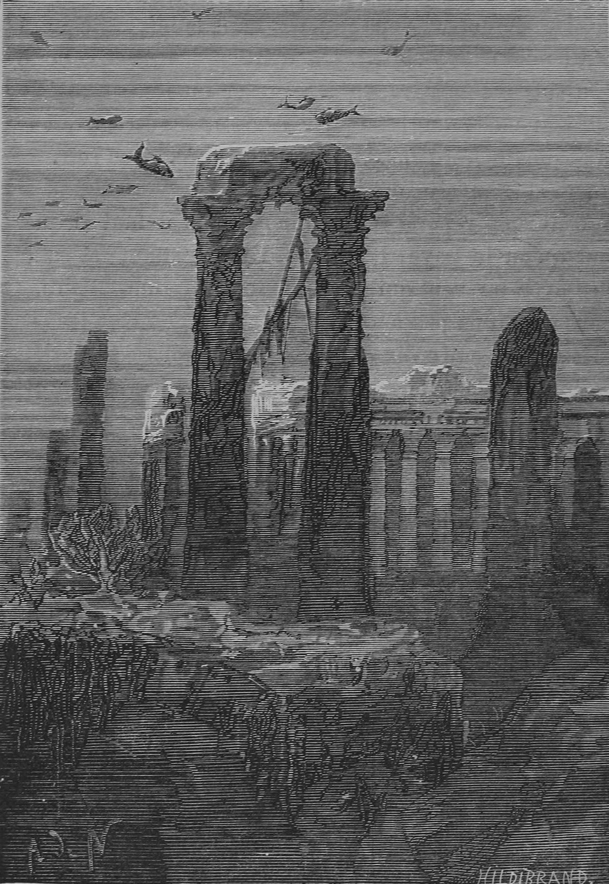 Le temple d'Hercule (The Temple of Hercules) by Alphonse de Neuville — The weed-hung columns of a sunken temple stand on the sea floor