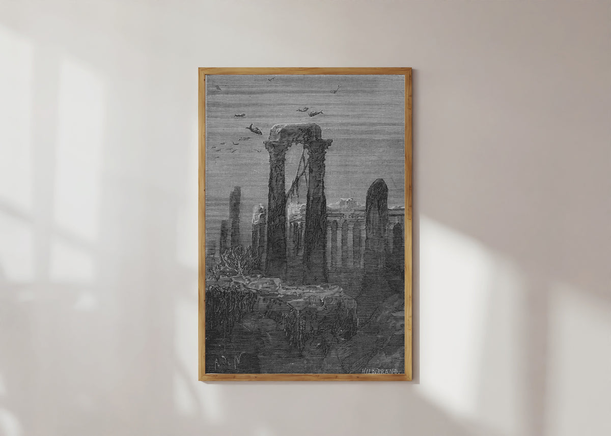 Framed art print of Le temple d'Hercule (The Temple of Hercules) by Alphonse de Neuville, in a light wood frame on a sunlit white wall