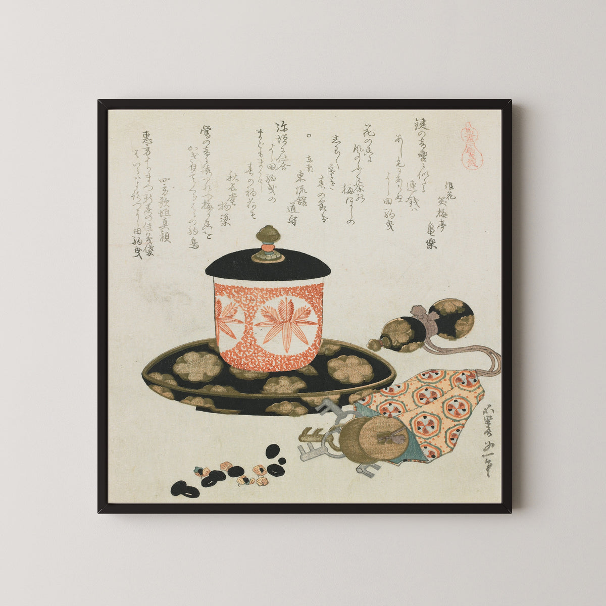 Framed art print of Leading-a-Horse Money by Katsushika Hokusai, in a black frame on a pale wall