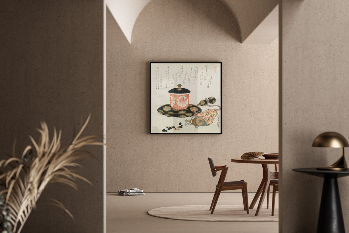 Framed art print of Leading-a-Horse Money by Katsushika Hokusai, in a sunlit dining corner