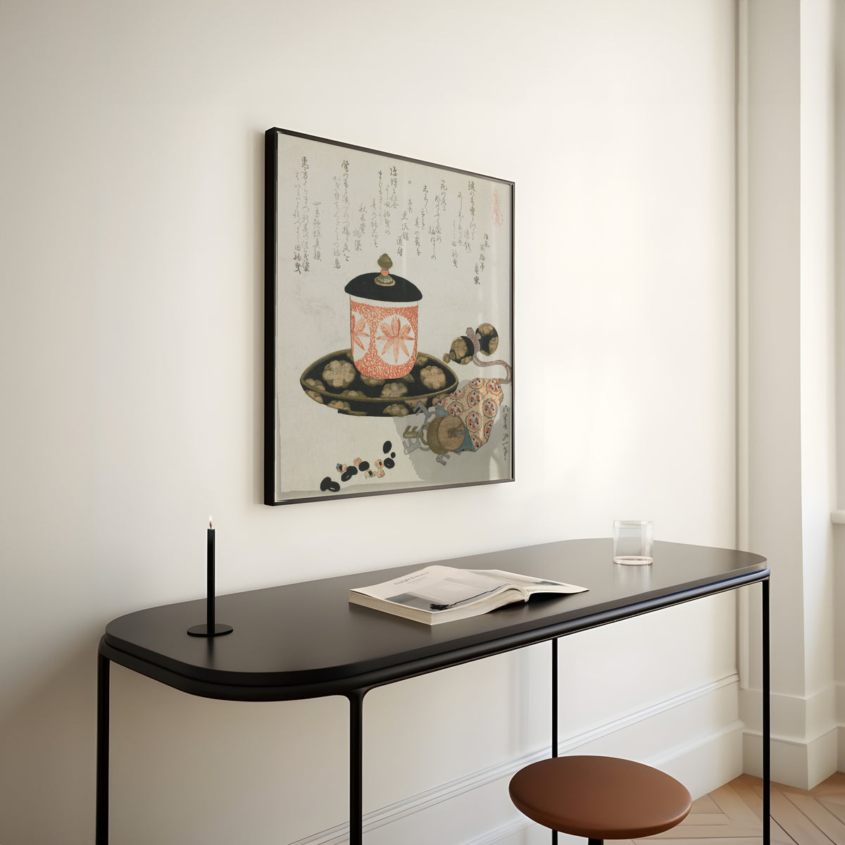 Framed art print of Leading-a-Horse Money by Katsushika Hokusai, above a slim black console table