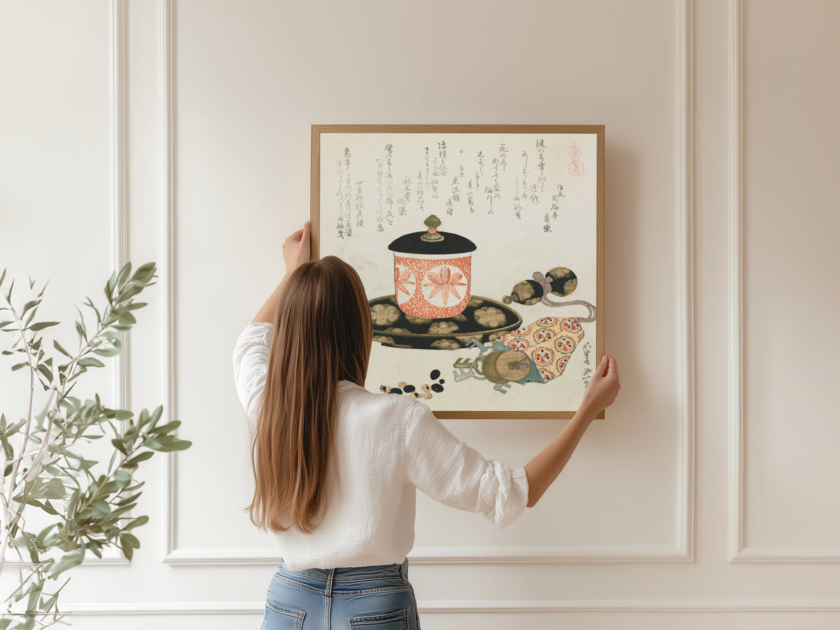 Framed art print of Leading-a-Horse Money by Katsushika Hokusai, hung on a panelled wall