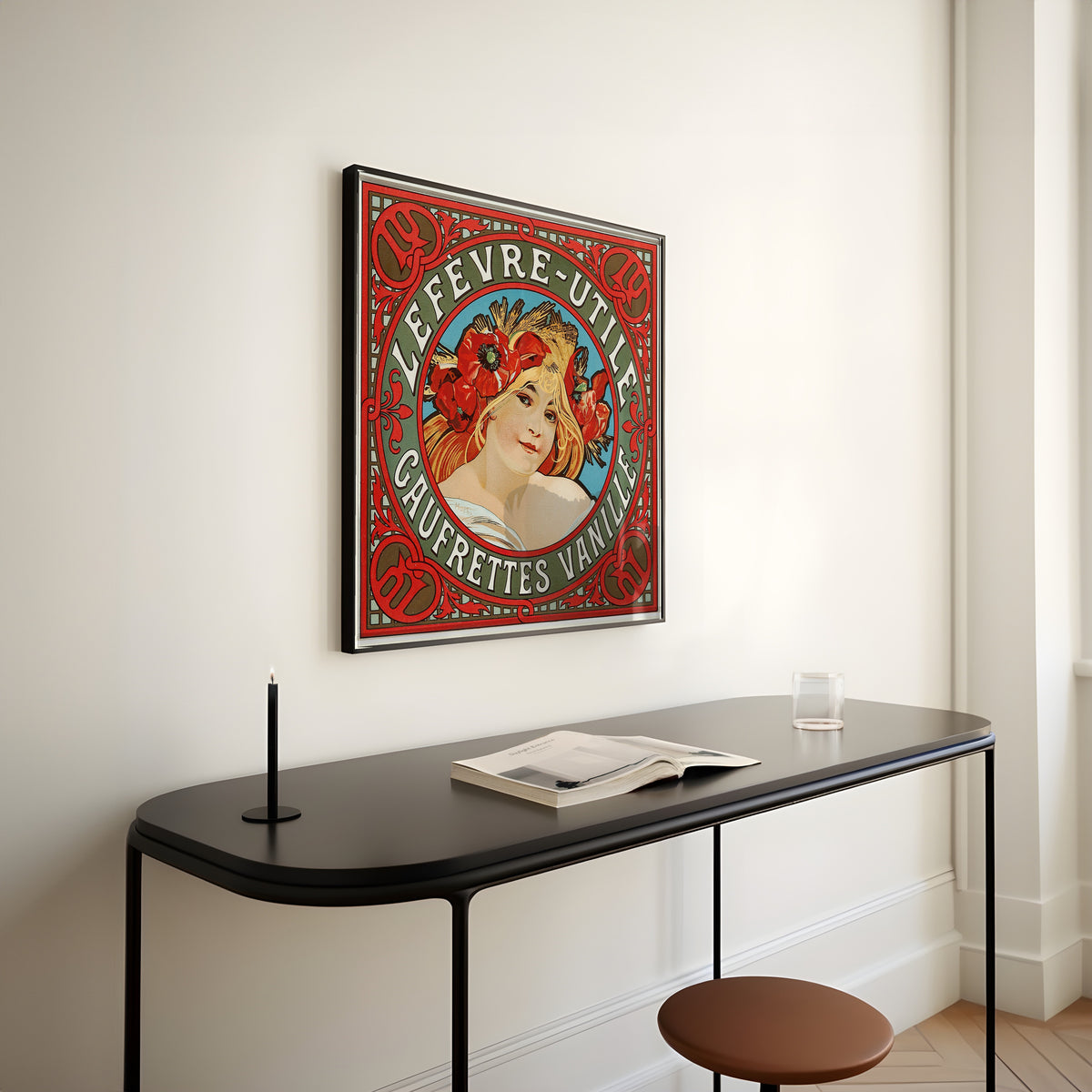 Framed art print of Lefèvre-Utile: Gaufrettes Vanille by Alphonse Mucha, above a slim black console table