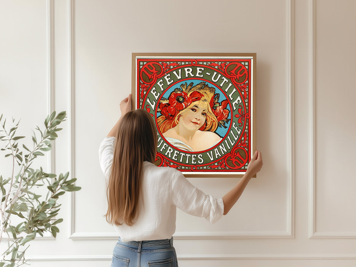 Framed art print of Lefèvre-Utile: Gaufrettes Vanille by Alphonse Mucha, hung on a panelled wall