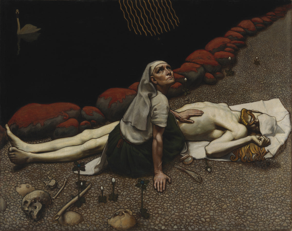 Lemminkäinen's Mother by Akseli Gallen-Kallela — A mother sits by her son's body on a dark riverbank, gazing upward