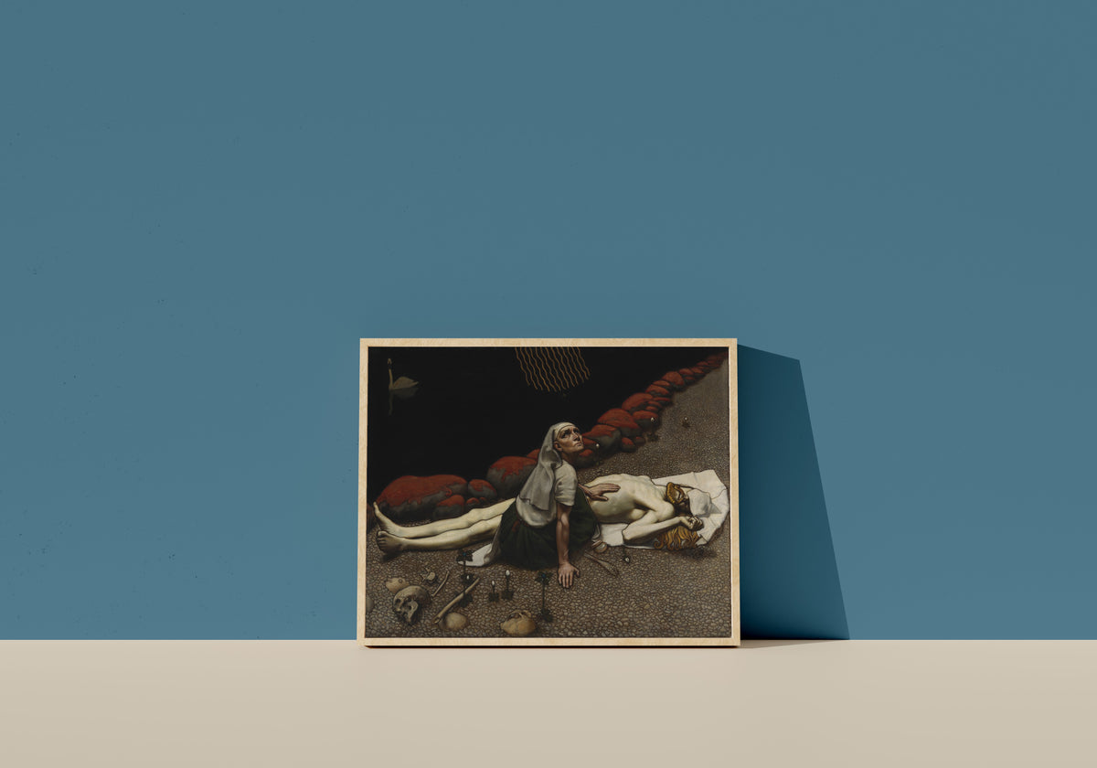 Framed art print of Lemminkäinen's Mother by Akseli Gallen-Kallela, in a light wood frame leaning on a blue wall