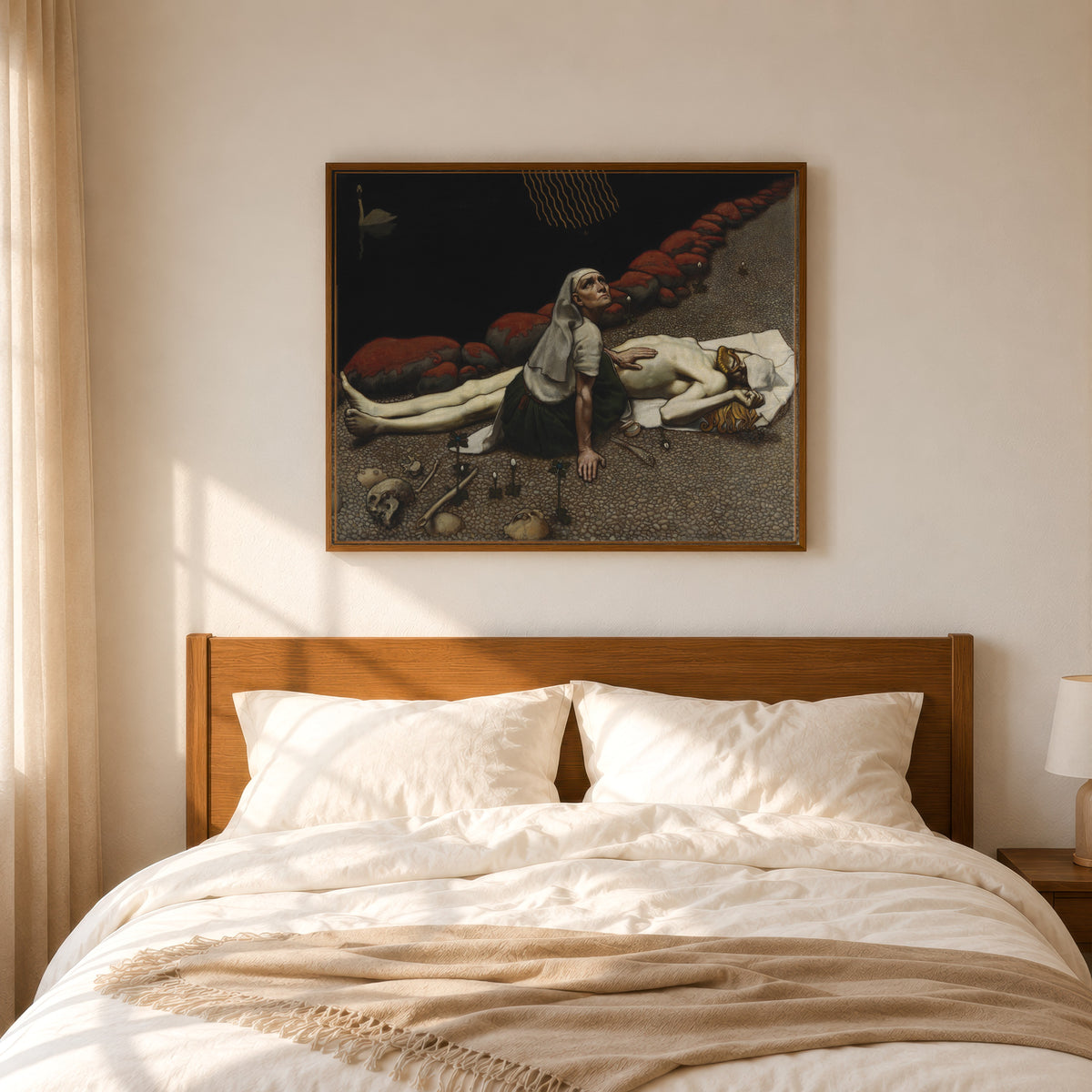 Framed art print of Lemminkäinen's Mother by Akseli Gallen-Kallela, in a slim wood frame above a bed in a sunlit bedroom