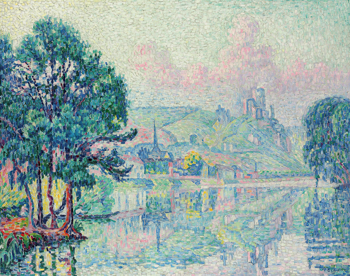 Les Andelys, Morning, Summer by Paul Signac — A river mirrors a pale town, a ruined tower and rose-pink haze