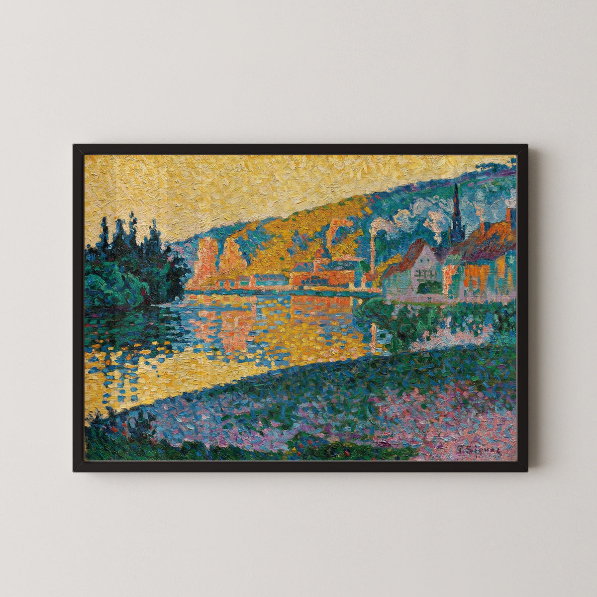 Framed art print of Les Andelys, Sunset by Paul Signac, in a black frame on a pale wall
