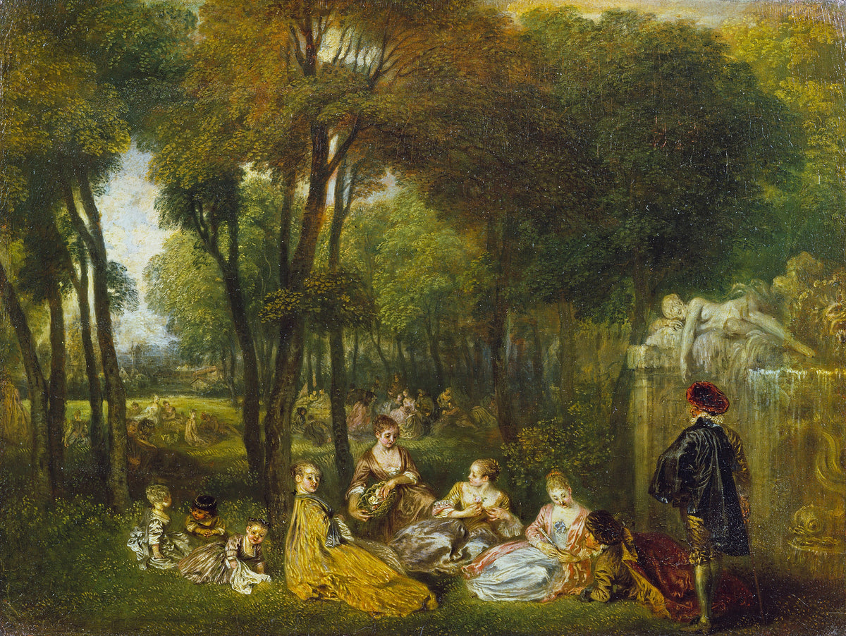Les Champs Élysées by Jean-Antoine Watteau — Women in silk gowns rest on the grass beneath tall park trees