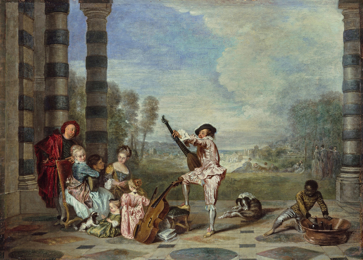 Les Charmes de la vie by Jean-Antoine Watteau — A lutenist in pink satin stands between banded columns, lute in hand