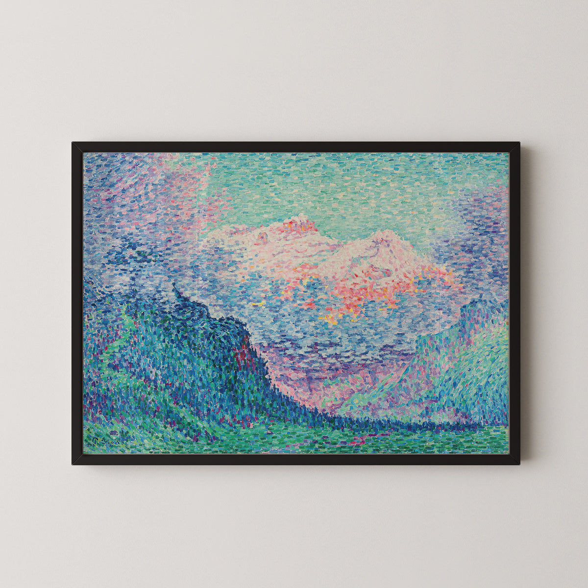 Framed art print of Les Diablerets (The Oldenhorn and the Bécabesson) by Paul Signac, in a black frame on a pale wall