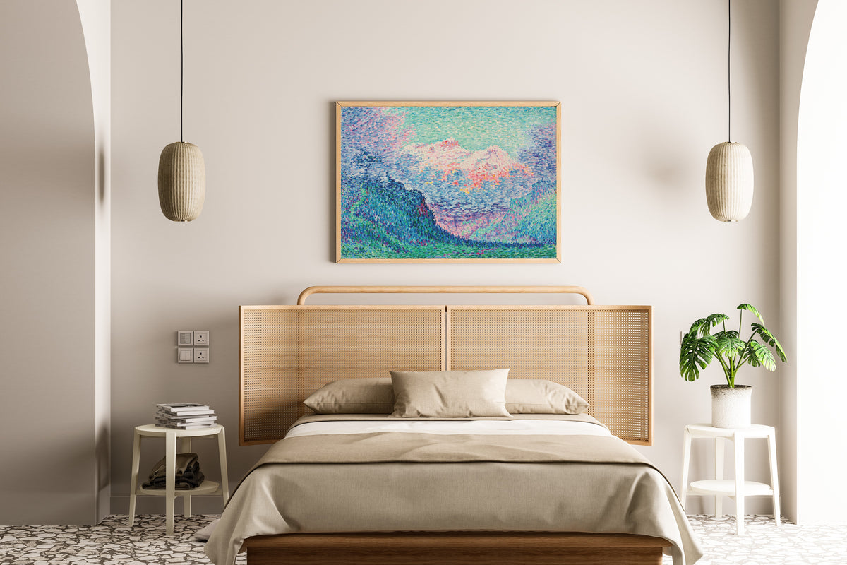 Framed art print of Les Diablerets (The Oldenhorn and the Bécabesson) by Paul Signac, above a cane-headboard bed