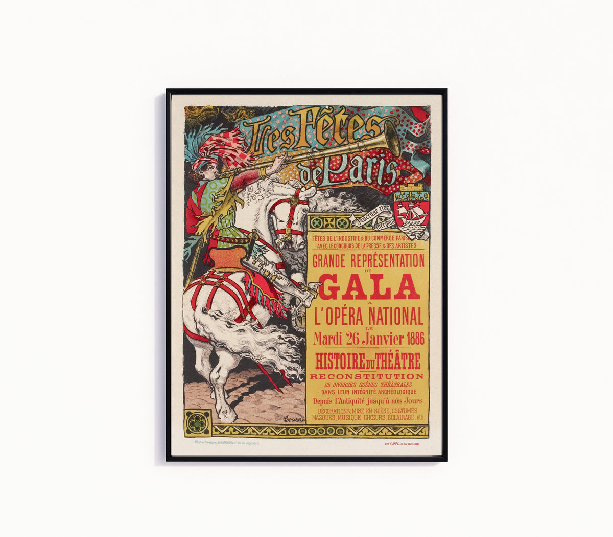 Framed art print of Les Fêtes de Paris, Grande Représentation de Gala à l'Opéra National, le… by Eugène Grasset, in a slim black frame on a plain white wall