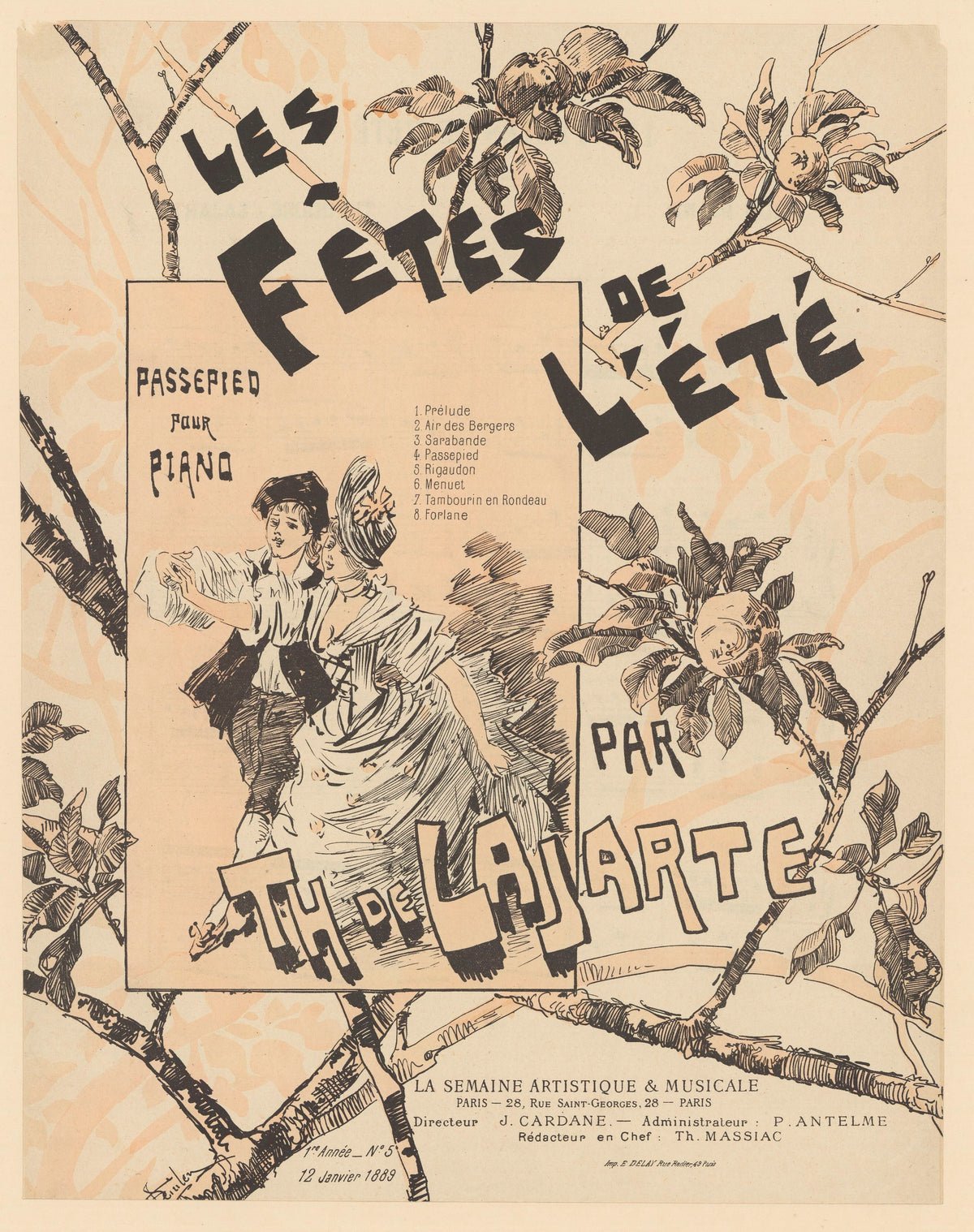 Les Fêtes de l’été, passepied pour piano par Th. de Lajarte by Théophile Steinlen — A dancing couple in a panel among branches heavy with fruit