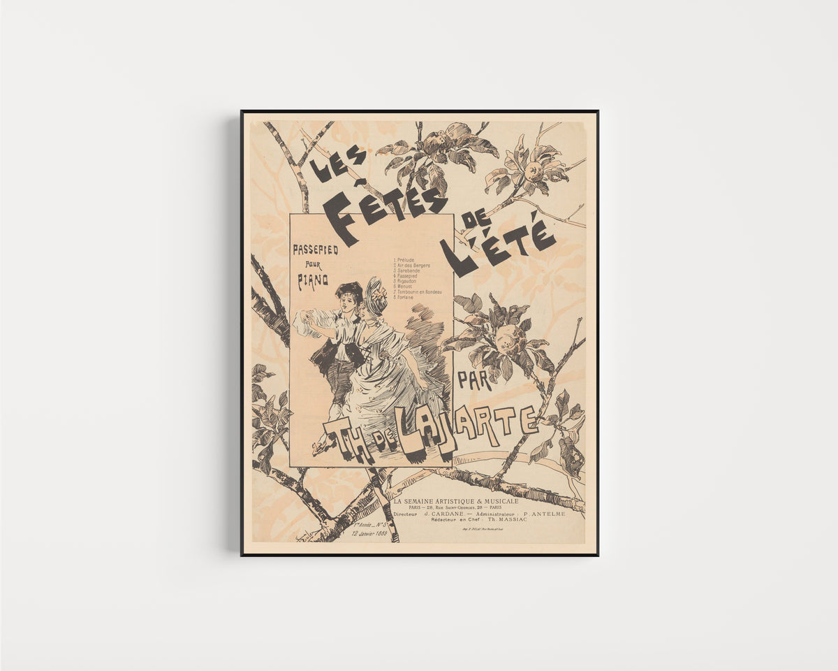 Framed art print of Les Fêtes de l’été, passepied pour piano par Th. de Lajarte by Théophile Steinlen, in a slim black frame on a plain white wall
