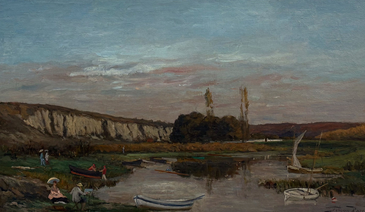 Les Rochers des Grands Malades by Félicien Rops — Pale cliffs above a quiet river with rowing boats and a painter