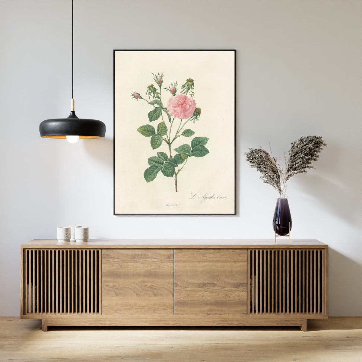Framed art print of Les Roses: Rosa Gallica Agatha Incarnata by Pierre-Joseph Redouté, above a slatted wood sideboard