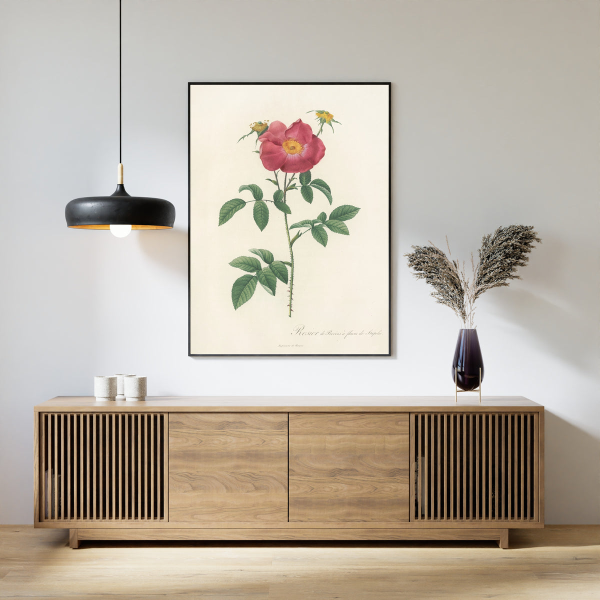 Framed art print of Les Roses: Rosa Gallica Stapeliae Flora by Pierre-Joseph Redouté, above a slatted wood sideboard