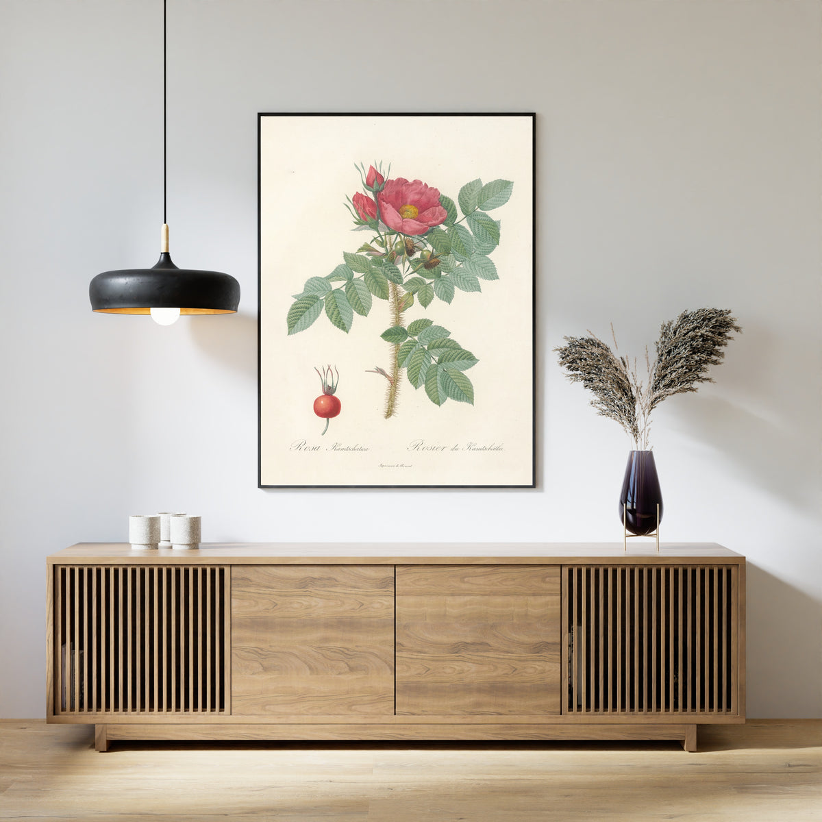 Framed art print of Les Roses: Rosa Kamtschatica by Pierre-Joseph Redouté, above a slatted wood sideboard